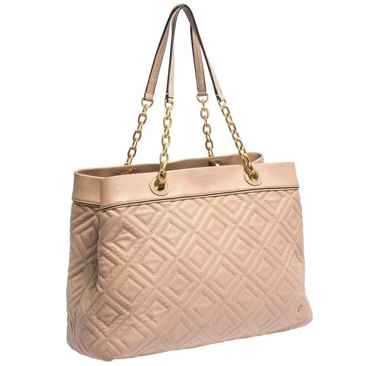 Pre Owned Tory Burch Beige Quilted Leather Fleming Tote