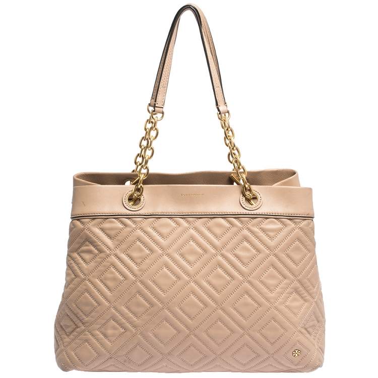Pre Owned Tory Burch Beige Quilted Leather Fleming Tote