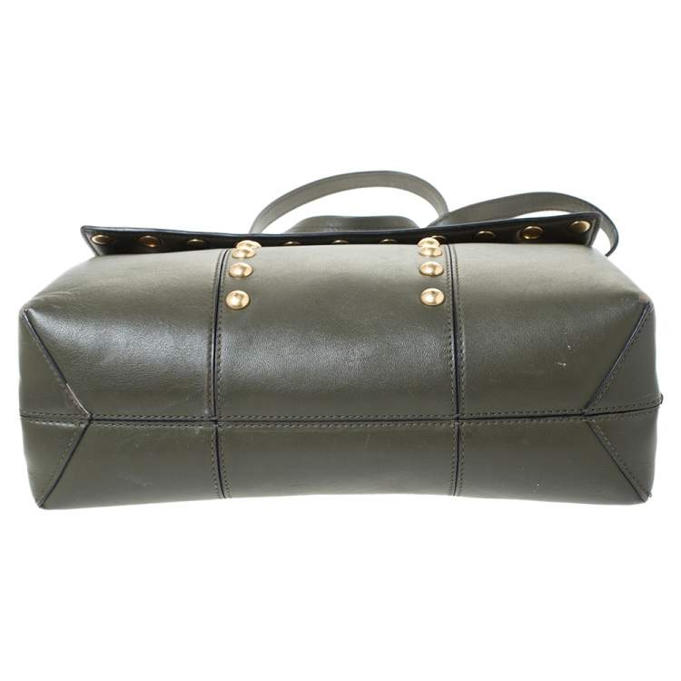Pre Owned Tory Burch Olive Green Leather Block-T Studded Top Handle Bag