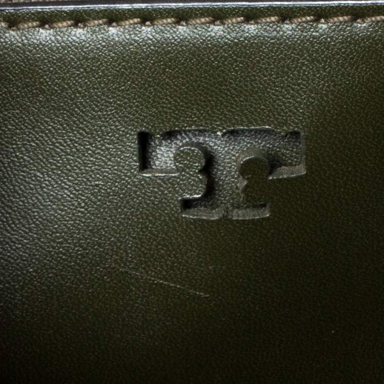Pre Owned Tory Burch Olive Green Leather Block-T Studded Top Handle Bag