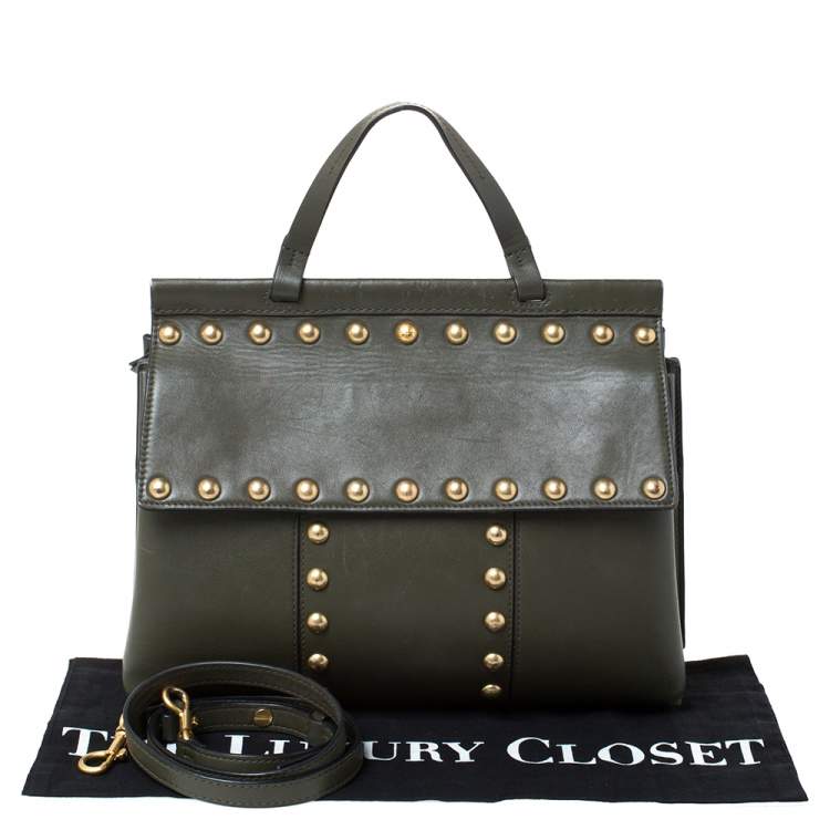 Pre Owned Tory Burch Olive Green Leather Block-T Studded Top Handle Bag
