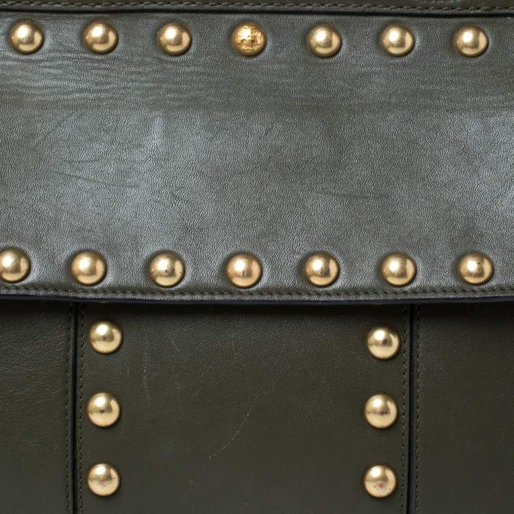 Pre Owned Tory Burch Olive Green Leather Block-T Studded Top Handle Bag