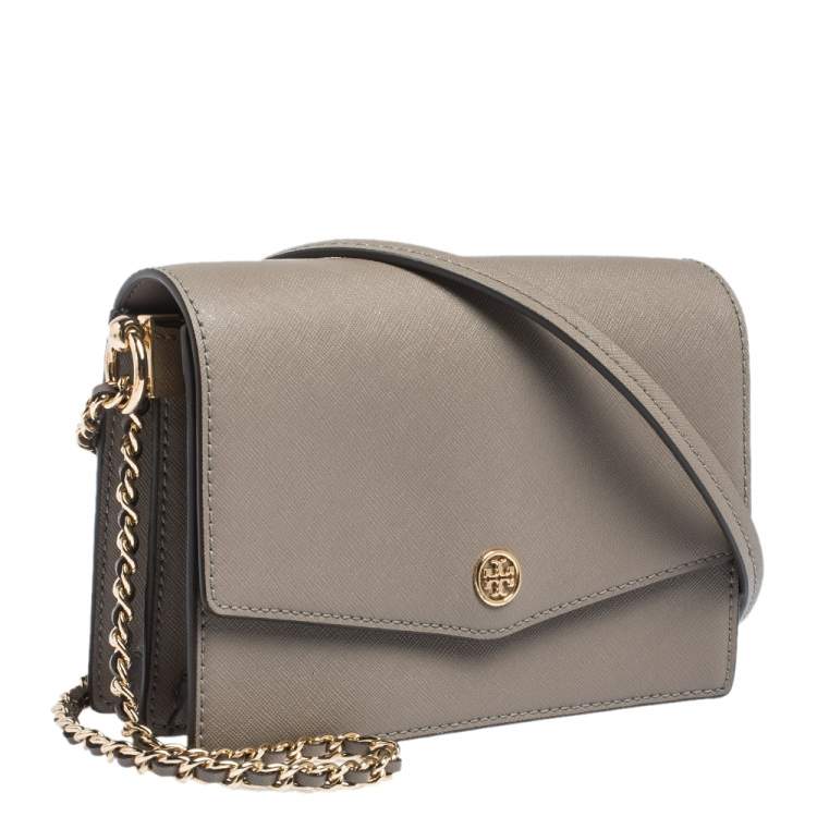 Pre Owned Tory Burch Grey Leather Robinson Flap Crossbody Bag