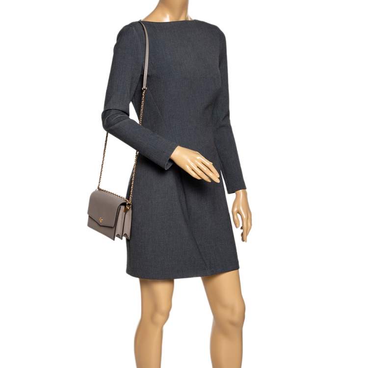 Pre Owned Tory Burch Grey Leather Robinson Flap Crossbody Bag