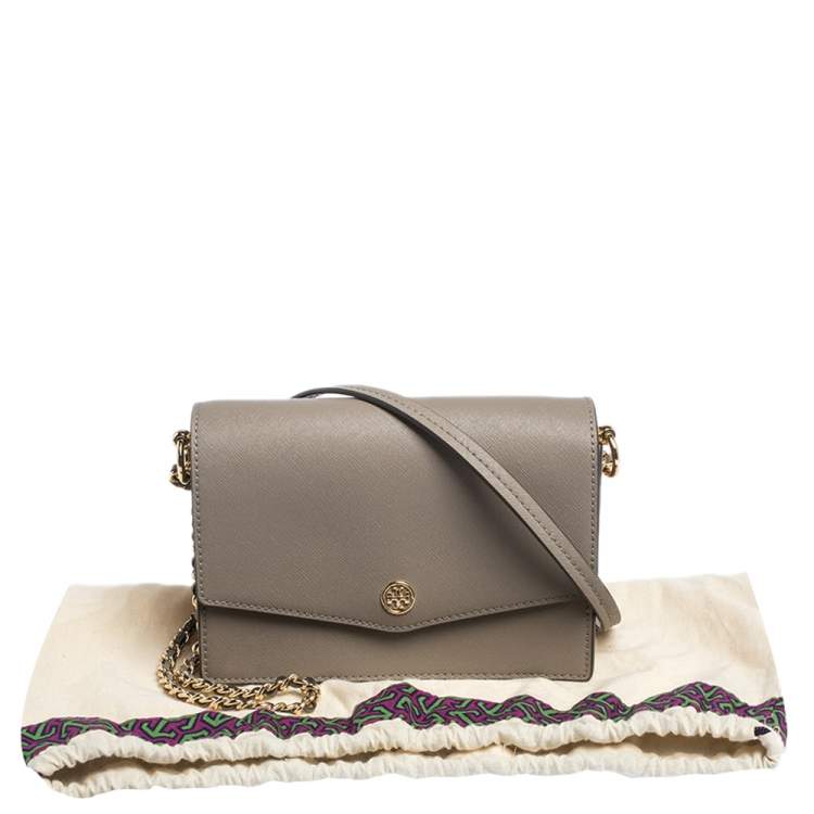 Pre Owned Tory Burch Grey Leather Robinson Flap Crossbody Bag