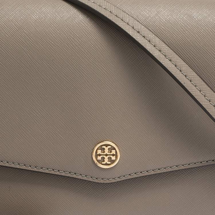 Pre Owned Tory Burch Grey Leather Robinson Flap Crossbody Bag