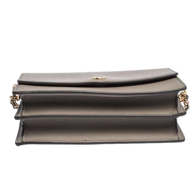Pre Owned Tory Burch Grey Leather Robinson Flap Crossbody Bag