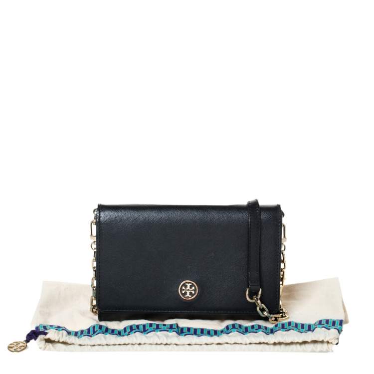 Pre Owned Tory Burch Black Leather Robinson Flap Chain Clutch Bag