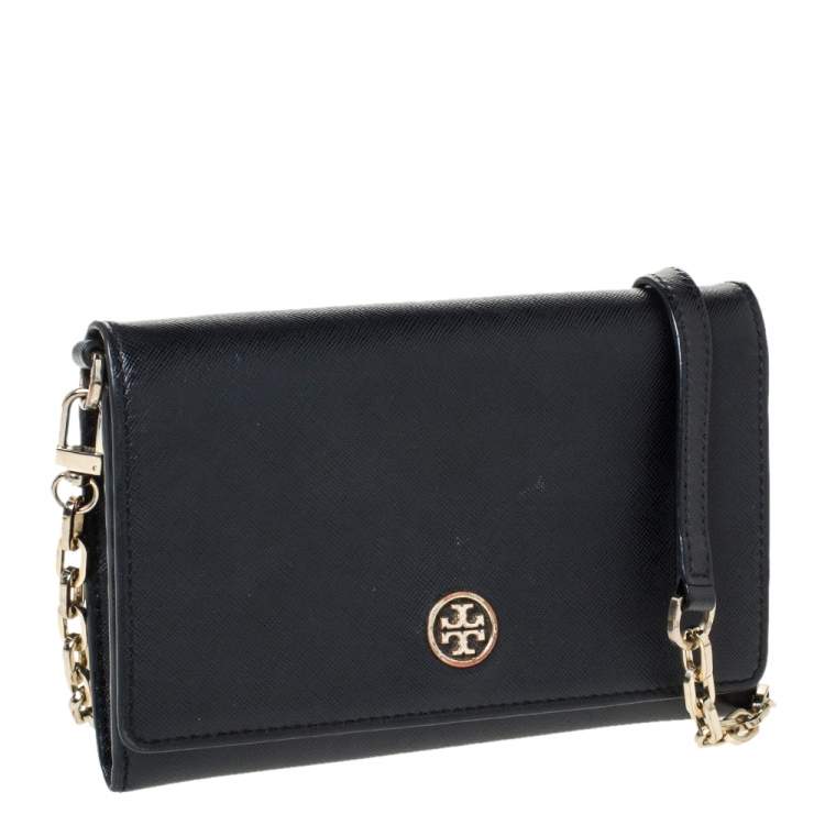 Pre Owned Tory Burch Black Leather Robinson Flap Chain Clutch Bag