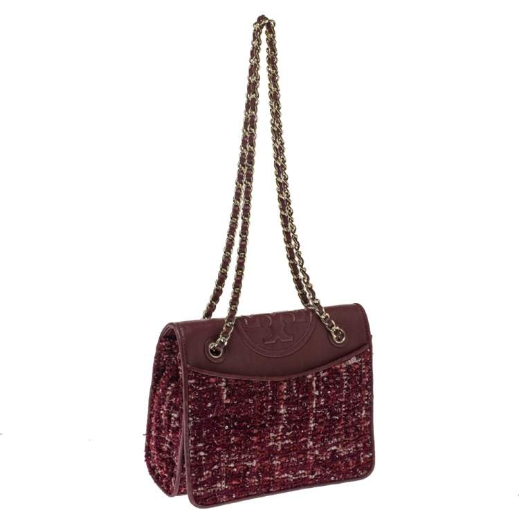 Pre Owned Tory Burch Red Tweed and Leather Fleming Chain Shoulder Bag