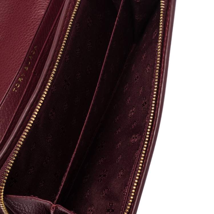 Pre Owned Tory Burch Burgundy Leather Logo Flap Continental Wallet