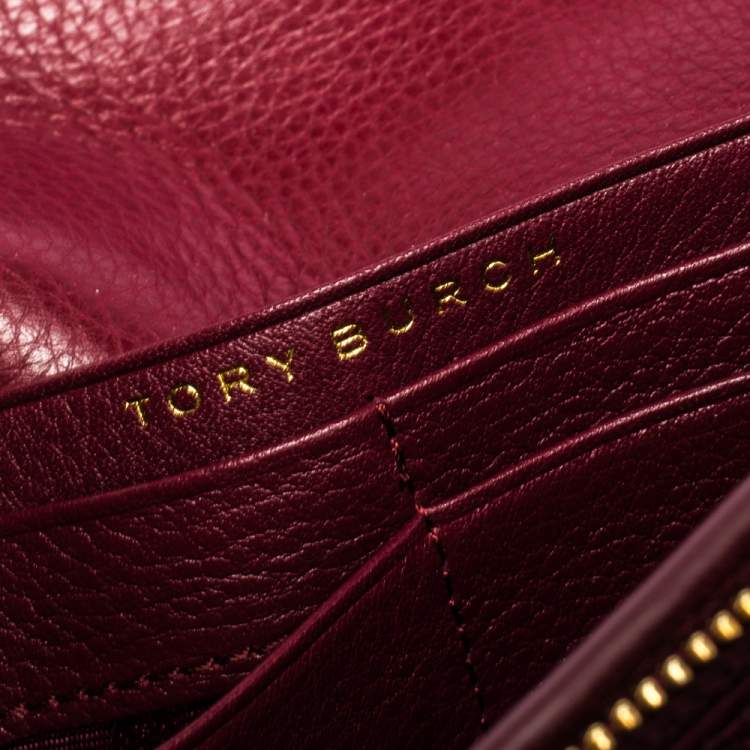 Pre Owned Tory Burch Burgundy Leather Logo Flap Continental Wallet