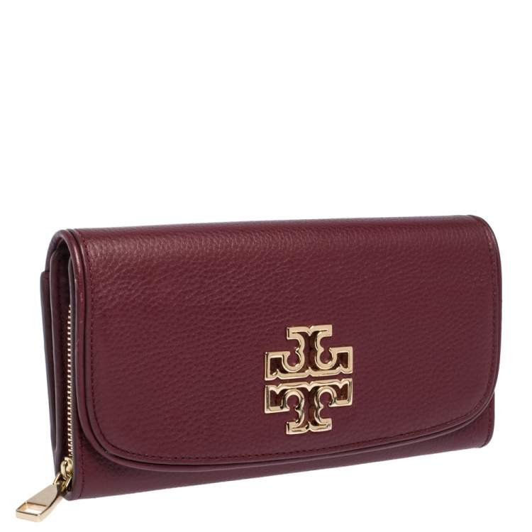 Pre Owned Tory Burch Burgundy Leather Logo Flap Continental Wallet