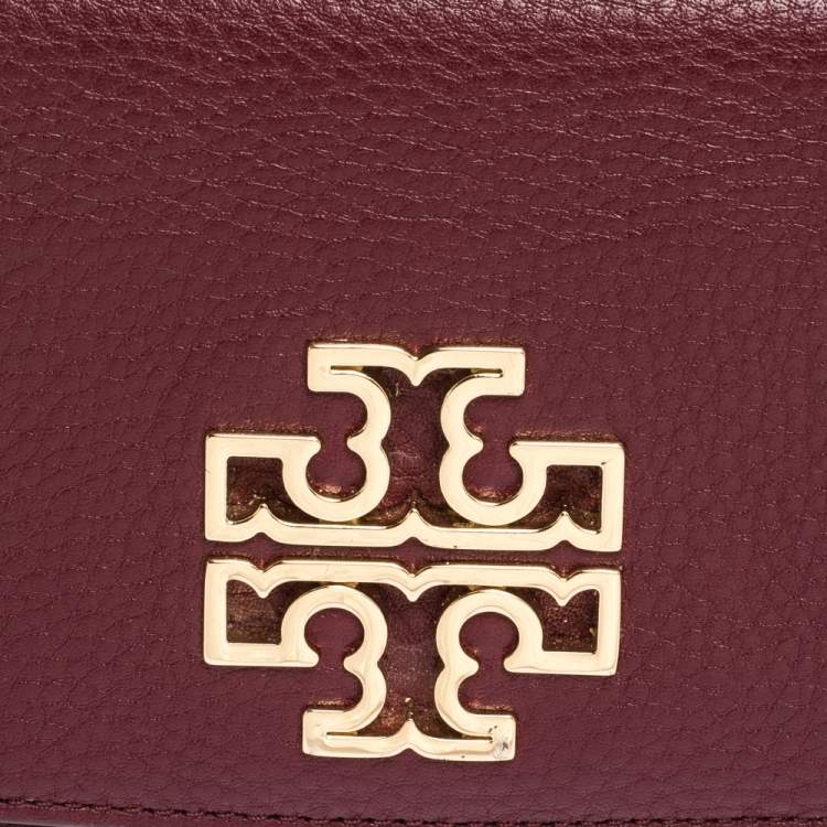 Pre Owned Tory Burch Burgundy Leather Logo Flap Continental Wallet