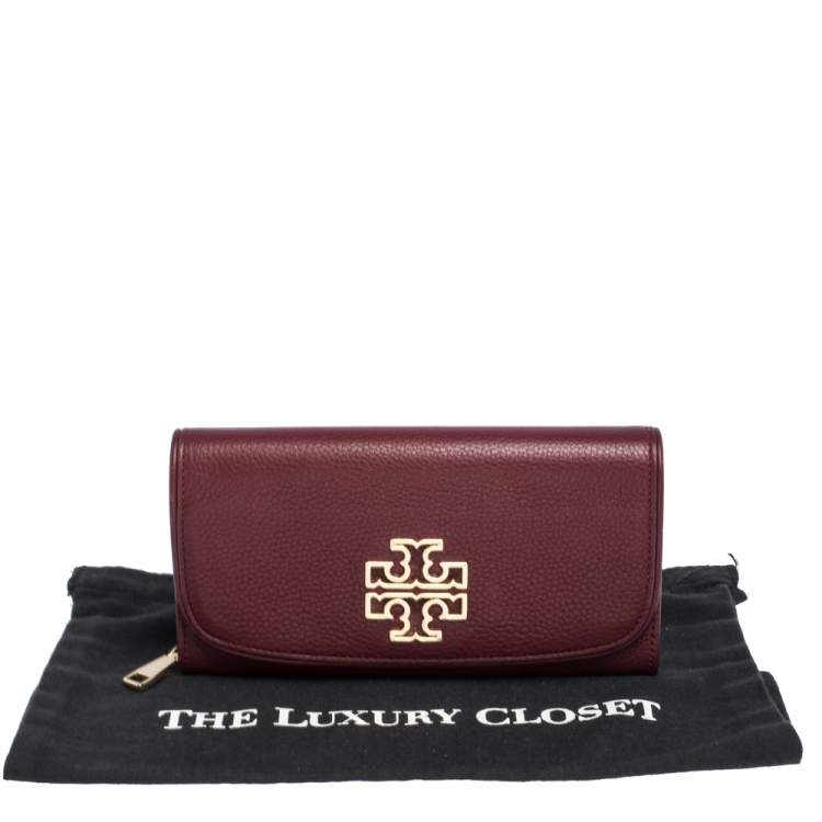 Pre Owned Tory Burch Burgundy Leather Logo Flap Continental Wallet