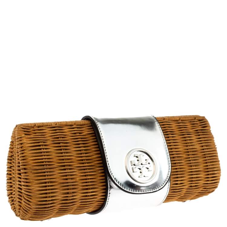 Pre Owned Tory Burch Silver Rattan and Patent Leather Wicker Clutch