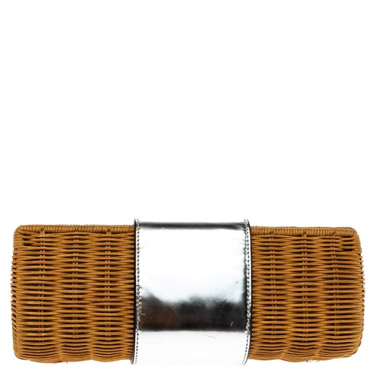 Pre Owned Tory Burch Silver Rattan and Patent Leather Wicker Clutch