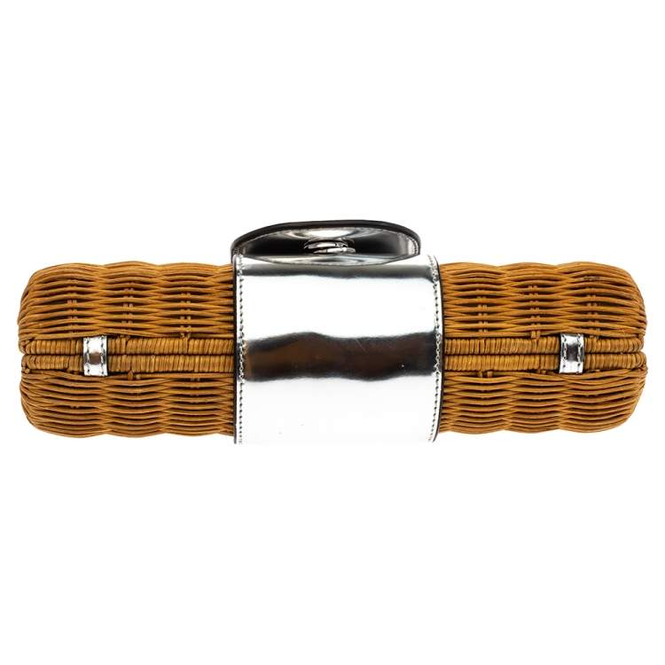 Pre Owned Tory Burch Silver Rattan and Patent Leather Wicker Clutch