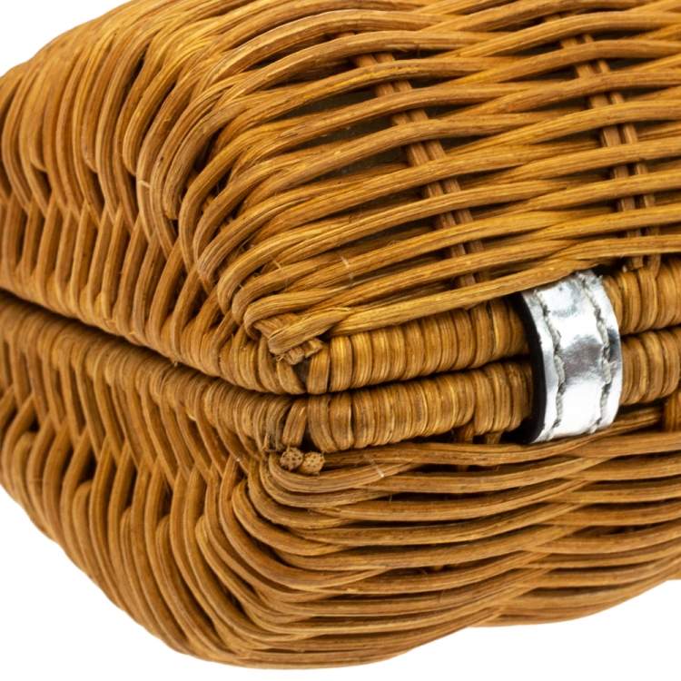 Pre Owned Tory Burch Silver Rattan and Patent Leather Wicker Clutch