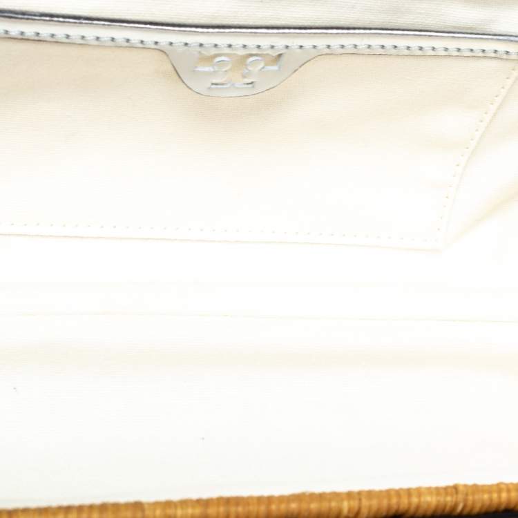 Pre Owned Tory Burch Silver Rattan and Patent Leather Wicker Clutch