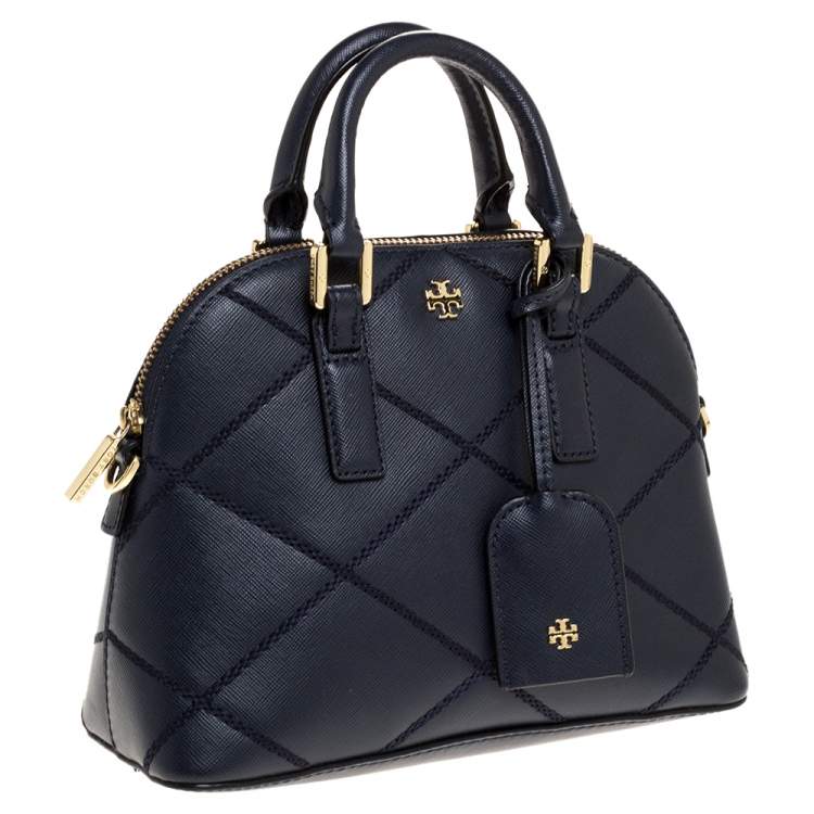Pre Owned Tory Burch Navy Blue Leather Mini Robinson Stitched Dome Satchel