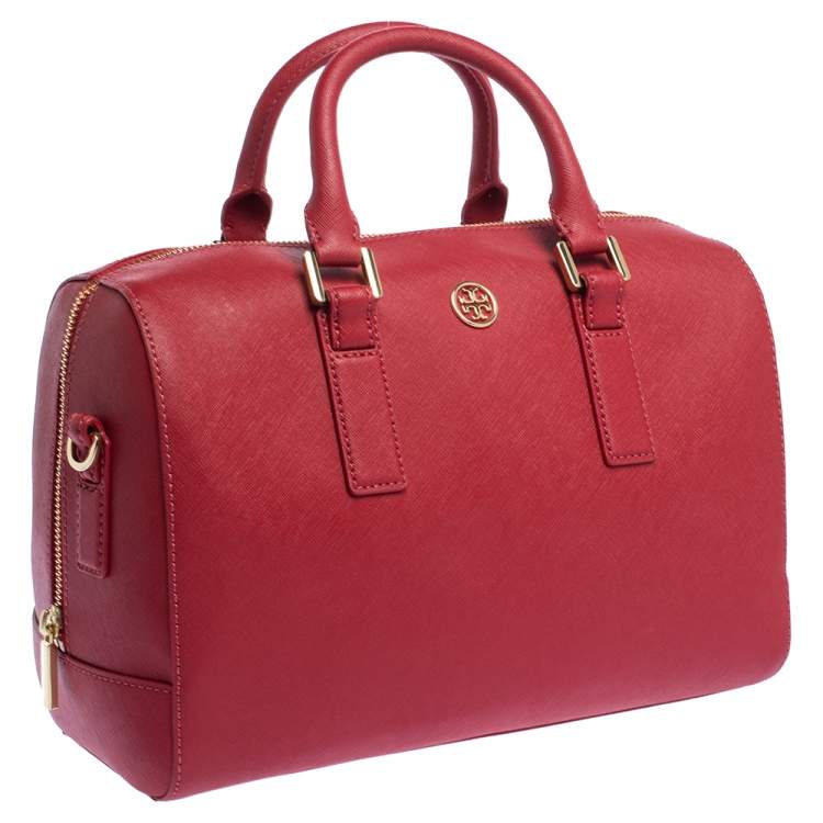 Pre Owned Tory Burch Red Leather Medium Robinson Boston Bag