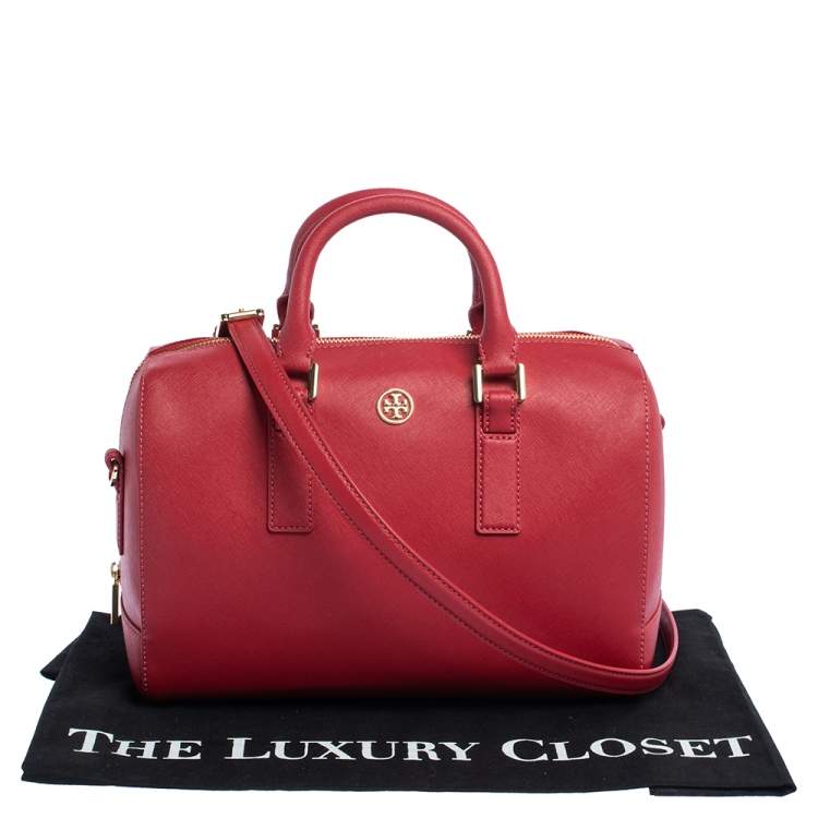 Pre Owned Tory Burch Red Leather Medium Robinson Boston Bag