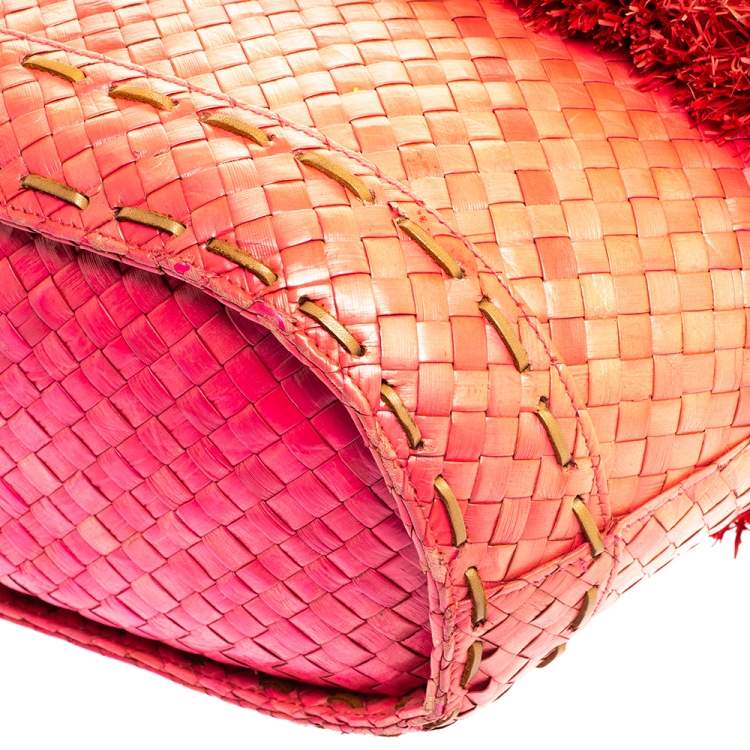 Pre Owned Tory Burch Pink Woven Raffia Beachy Norah Bucket Bag