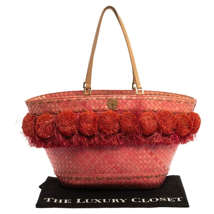 Pre Owned Tory Burch Pink Woven Raffia Beachy Norah Bucket Bag