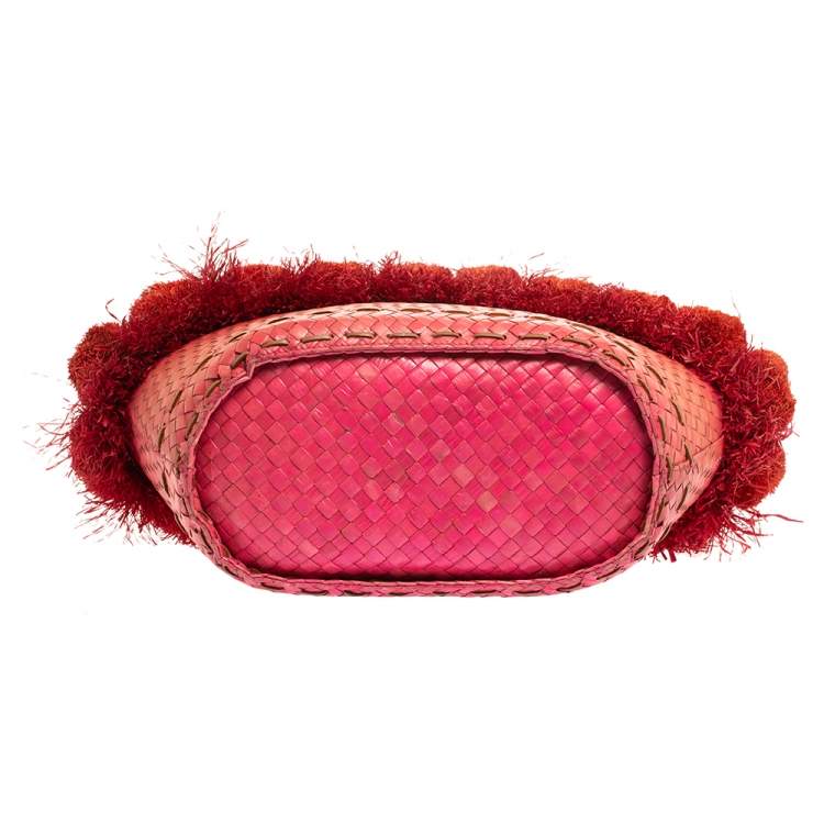 Pre Owned Tory Burch Pink Woven Raffia Beachy Norah Bucket Bag