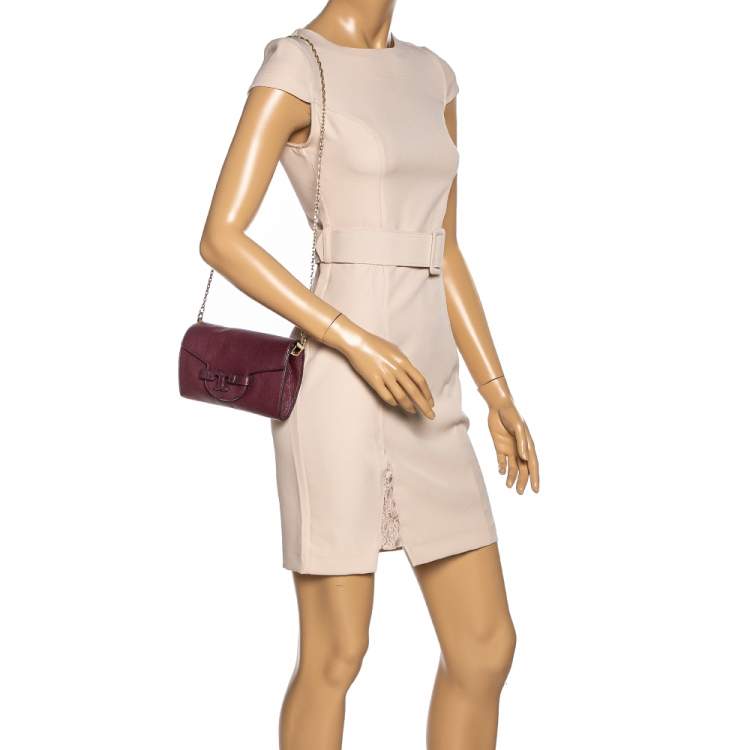 Pre Owned Tory Burch Burgundy Leather Chain Clutch