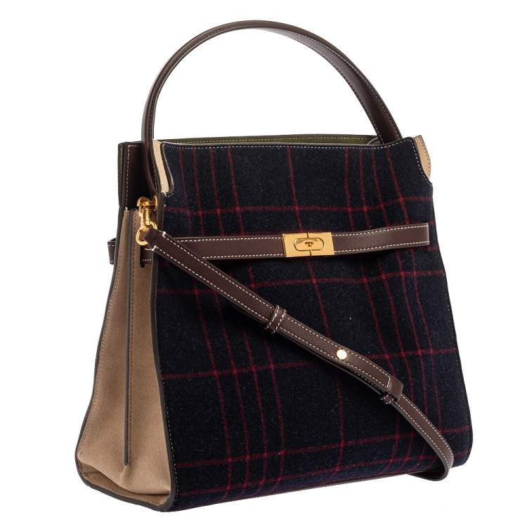 Pre Owned Tory Burch Multicolor Check Wool and Suede Lee Radziwill Top Handle Bag