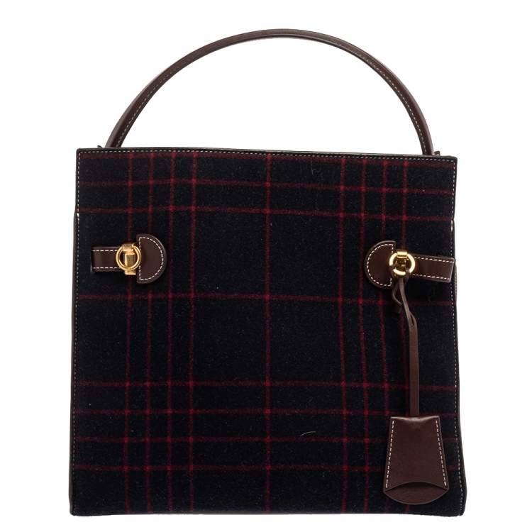 Pre Owned Tory Burch Multicolor Check Wool and Suede Lee Radziwill Top Handle Bag