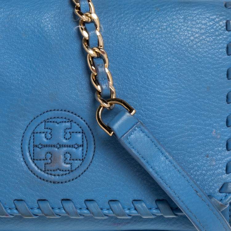 Pre Owned Tory Burch Blue Leather Mini Marion Shrunken Shoulder Bag