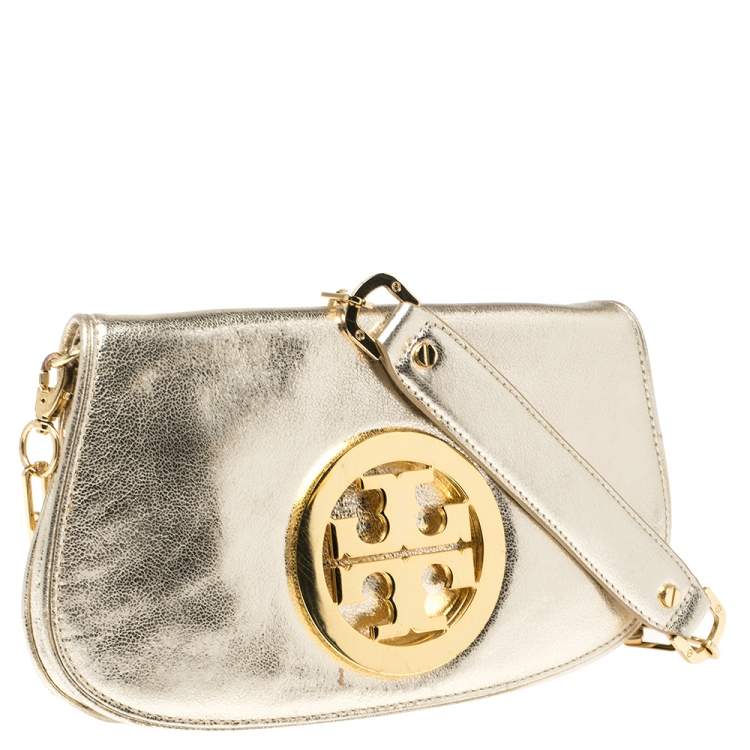 Pre Owned Tory Burch Metallic Gold Leather Raphael Flap Chain Clutch