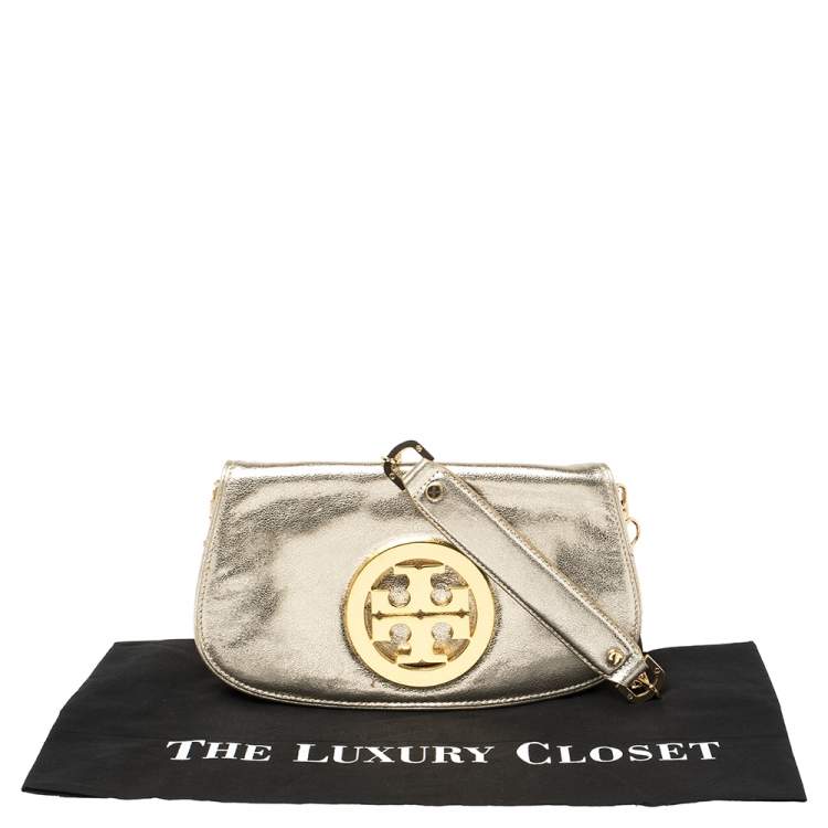 Pre Owned Tory Burch Metallic Gold Leather Raphael Flap Chain Clutch