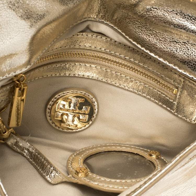 Pre Owned Tory Burch Metallic Gold Leather Raphael Flap Chain Clutch