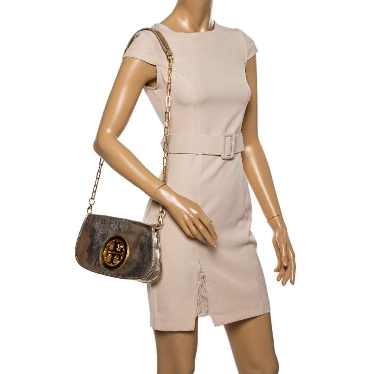 Pre Owned Tory Burch Metallic Gold Leather Raphael Flap Chain Clutch