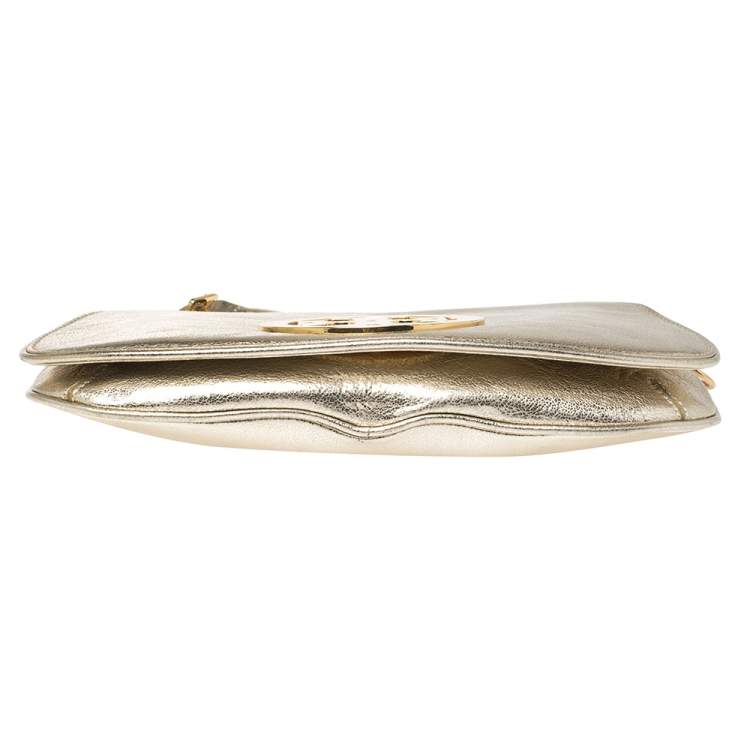 Pre Owned Tory Burch Metallic Gold Leather Raphael Flap Chain Clutch