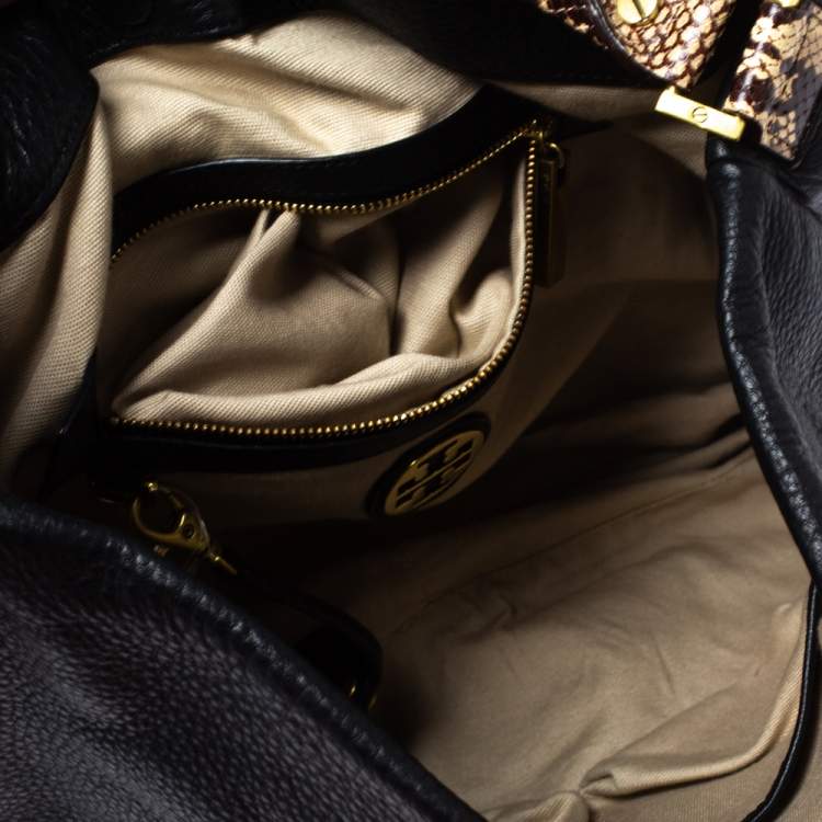 Pre Owned Tory Burch Black/Beige Leather and Snakeskin Effect Hobo