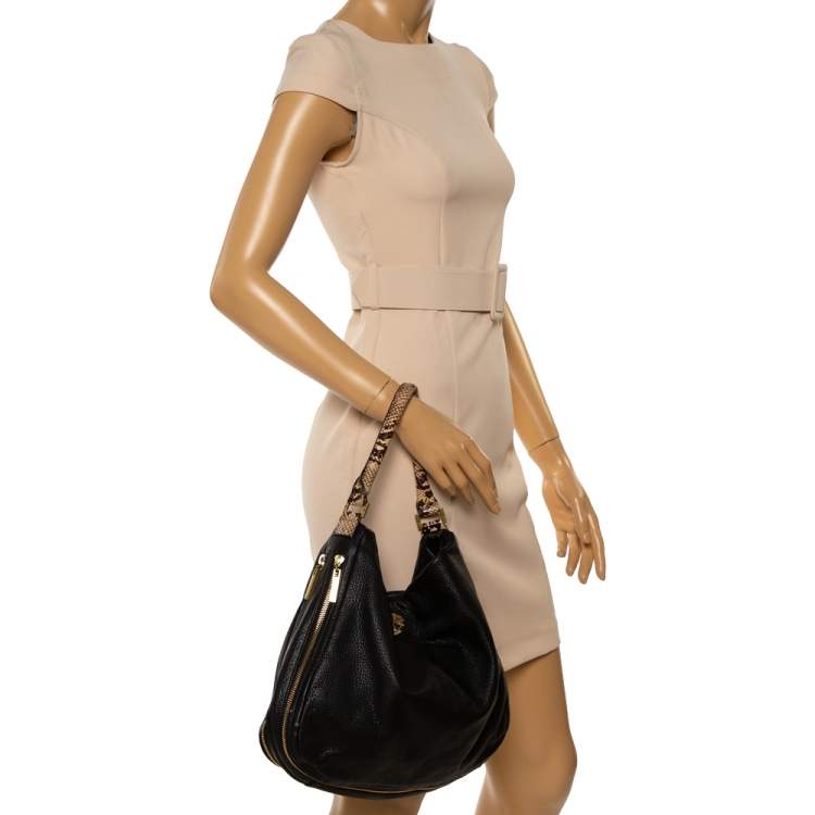 Pre Owned Tory Burch Black/Beige Leather and Snakeskin Effect Hobo