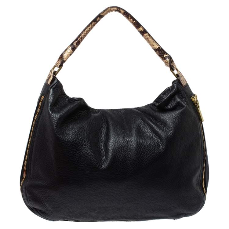 Pre Owned Tory Burch Black/Beige Leather and Snakeskin Effect Hobo