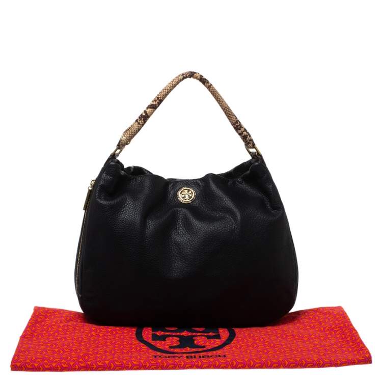Pre Owned Tory Burch Black/Beige Leather and Snakeskin Effect Hobo