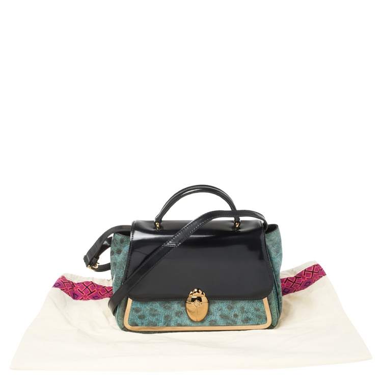 Pre Owned Tory Burch Navy Blue/Turquoise Leather Top Handle Bag