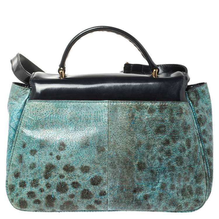 Pre Owned Tory Burch Navy Blue/Turquoise Leather Top Handle Bag