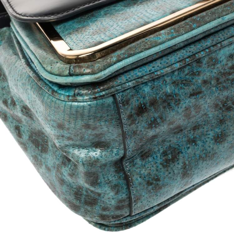 Pre Owned Tory Burch Navy Blue/Turquoise Leather Top Handle Bag