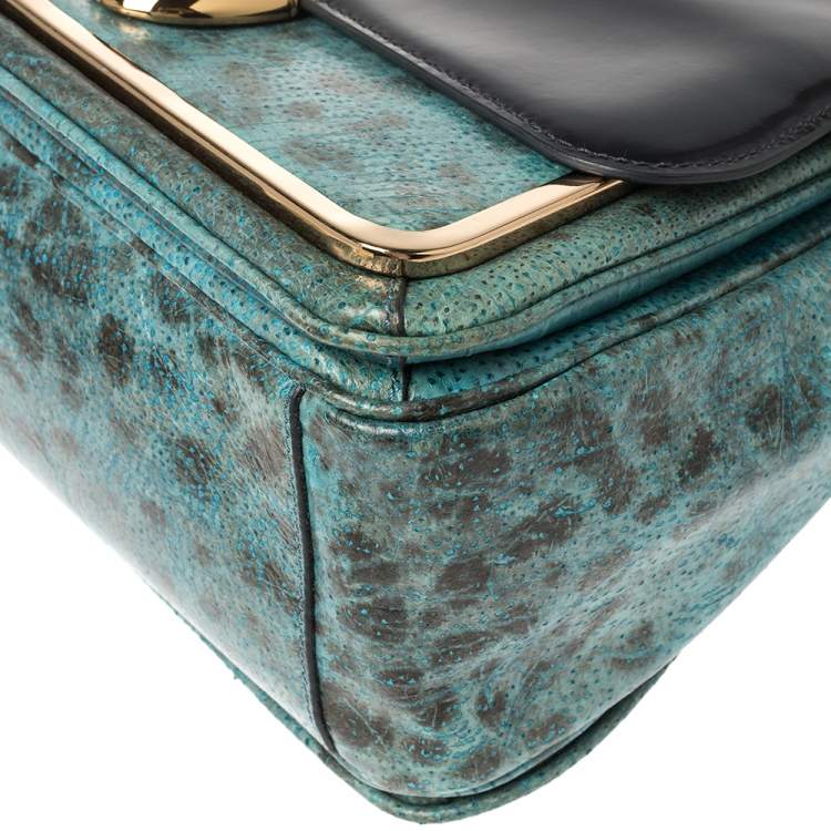 Pre Owned Tory Burch Navy Blue/Turquoise Leather Top Handle Bag