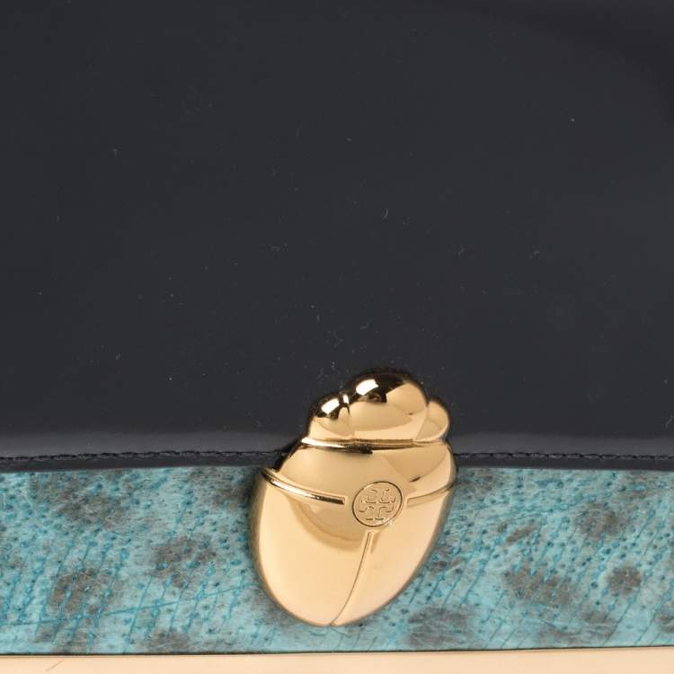 Pre Owned Tory Burch Navy Blue/Turquoise Leather Top Handle Bag