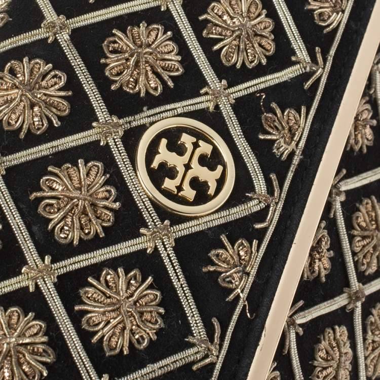 Pre Owned Tory Burch Black Quilted Suede Bria Embellished Flap Clutch