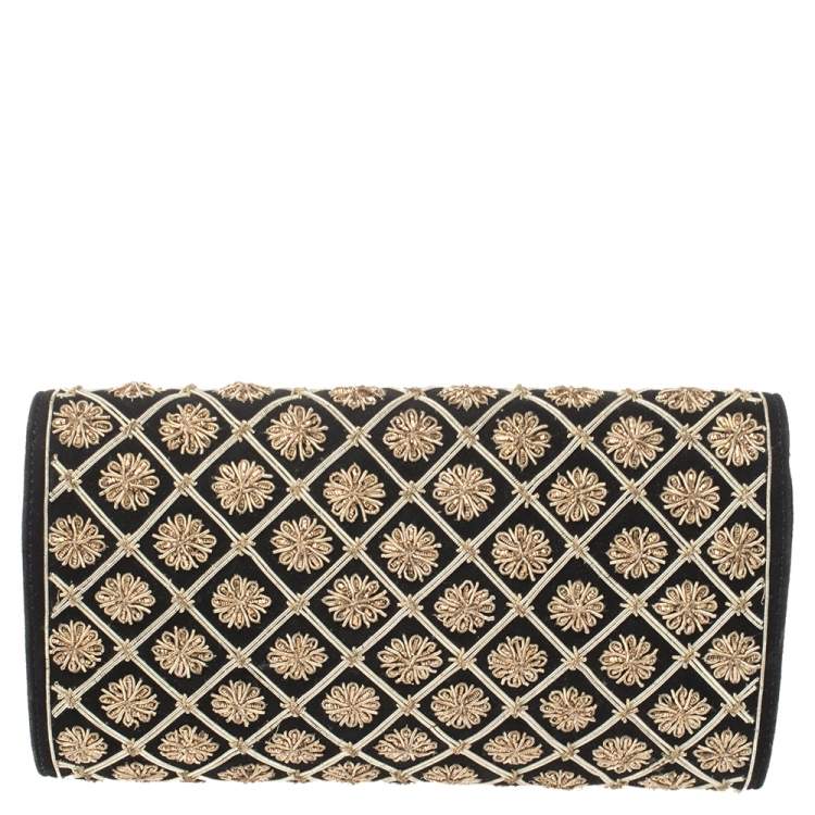 Pre Owned Tory Burch Black Quilted Suede Bria Embellished Flap Clutch
